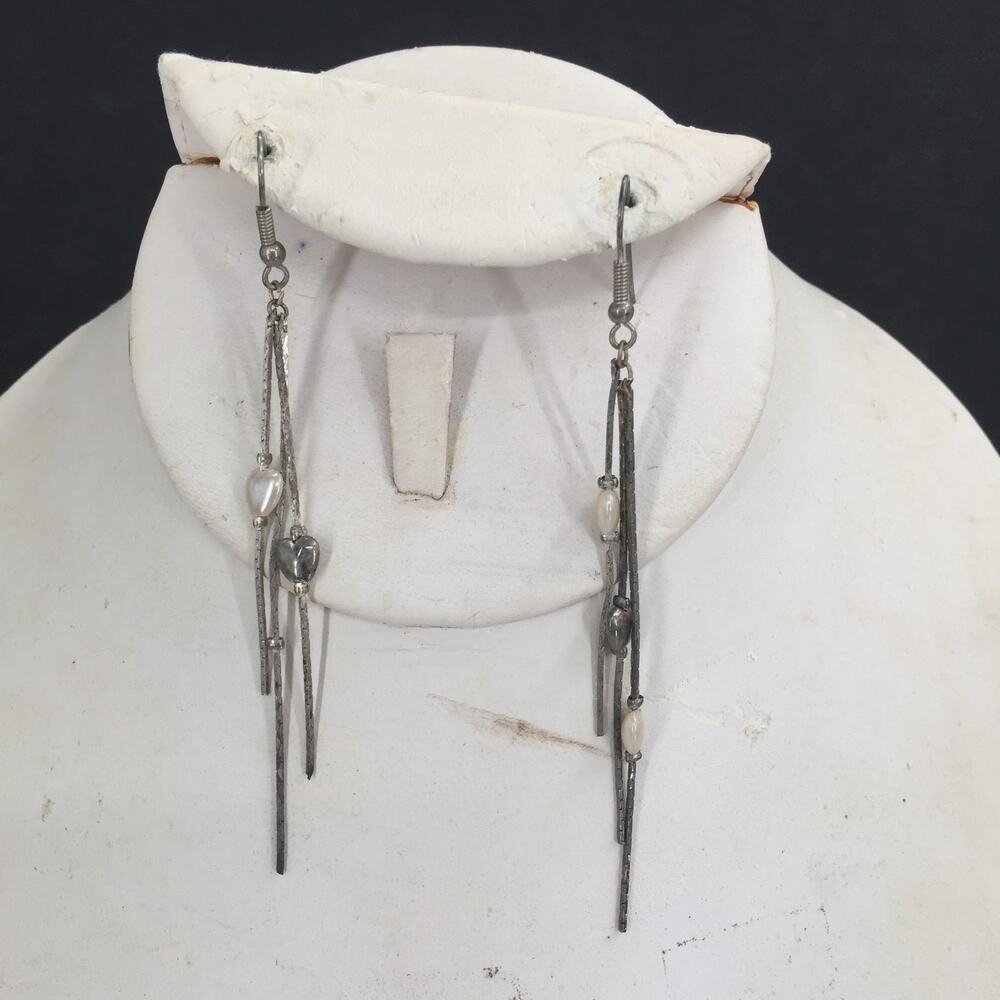 Vintage heart shaped faux pearl chain silver color tassel earrings
